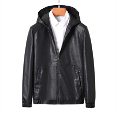 批发跨境复古连帽宽松pu皮衣外套男装设计小众美式拉链黑色皮夹克上衣