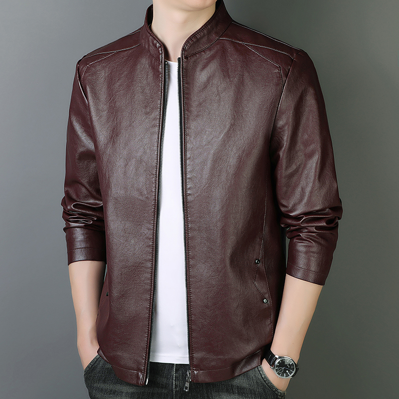 국경 간 폭발 남성 오토바이 pu 가죽 재킷 봄 가을 새로운 얇은 코트 단색 스탠드 칼라 몸매 가꾸기 잘 생긴 가죽 자켓