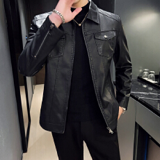 跨境新款潮流青春百搭中青年休闲夹克男士PU皮衣翻领时尚长袖外套