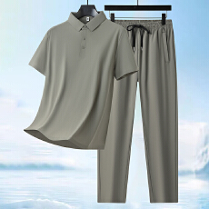 批发跨境男士夏季新款冰丝短袖<b class='q'>长裤</b>无痕套装纯色<b class='q'>休闲</b>运动POLO领两件套