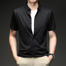 批发跨境衬衫男士全无缝工艺天丝亚麻爆款主推休闲新款翻领短袖T恤