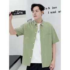 跨境实体可订做高品质纯棉男士夏季薄款短袖休闲百搭衬衫翻领上衣