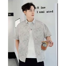 跨境实体可订做高品质纯棉男士夏季薄款短袖休闲百搭衬衫翻领上衣