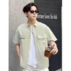 跨境实体可订做高品质纯棉男士夏季薄款短袖休闲百搭衬衫翻领上衣