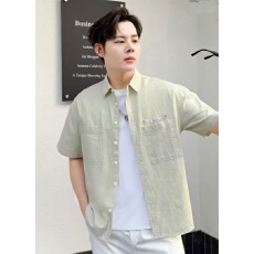 跨境实体可订做高品质纯棉男士夏季薄款短袖休闲百搭衬衫翻领上衣
