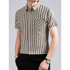 批发跨境纯棉条纹亚麻宽松<b class='q'>男</b>士夏季短袖<b class='q'>休闲</b>百搭<b class='q'>衬衫</b>翻领半袖商务上衣
