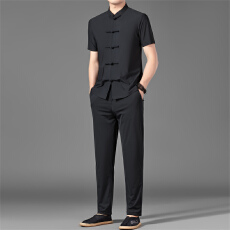 批发跨境爸爸装新中式国风套装<b class='q'>夏</b>季薄款男士短袖T恤冰丝无痕两件套