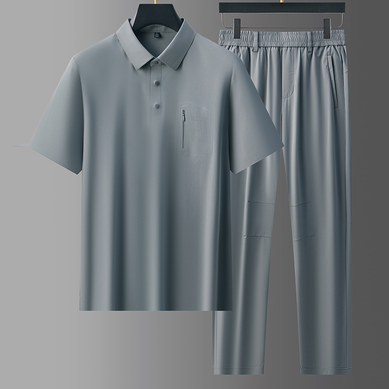 국경 간 아빠 로드 중 새로운 중식 국풍 세트 여름 얇은 스타일 남성 반팔 티셔츠 얼음 실크 없음 흔적 투피스 세트