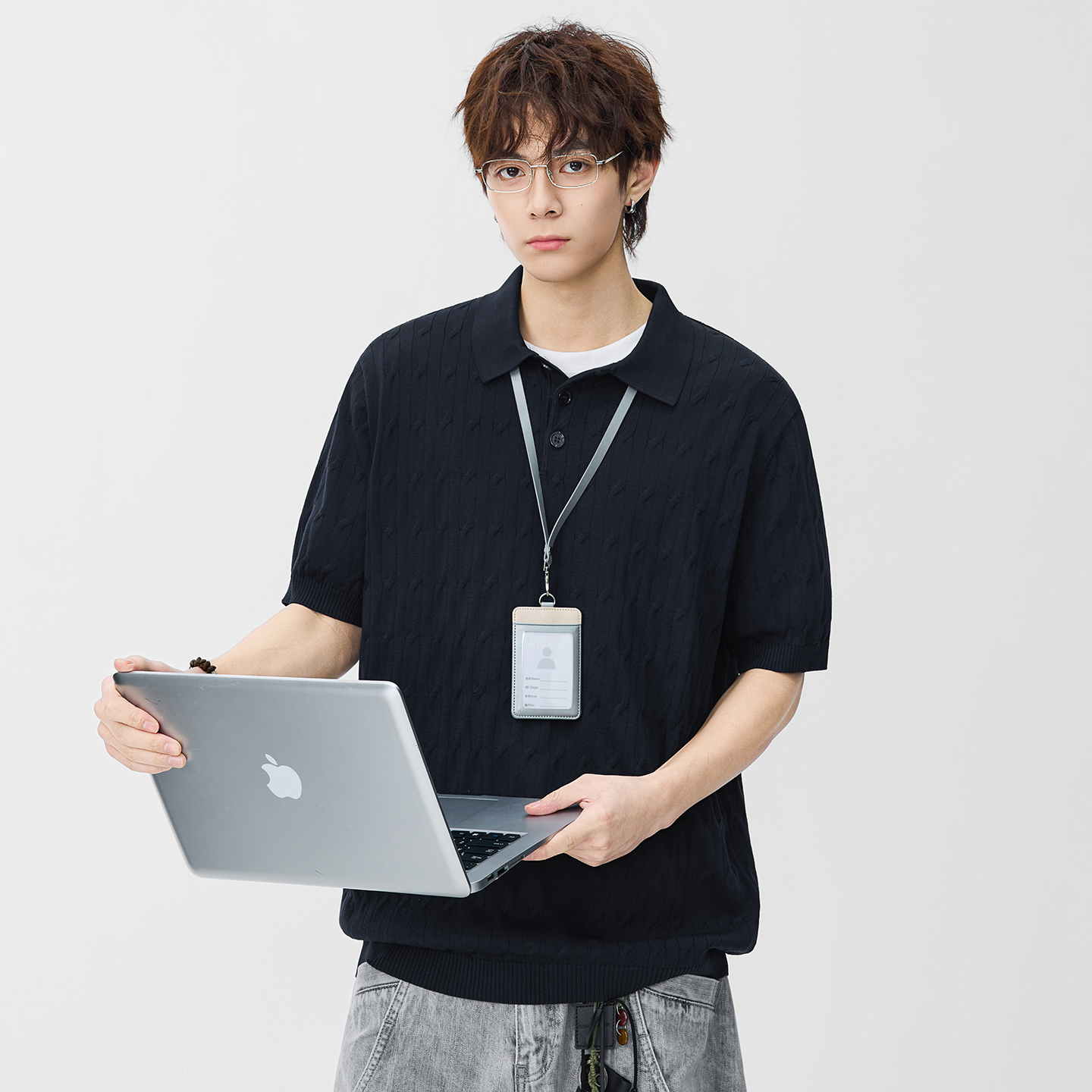 국경 간 남성 2026 새로운 폴로 칼라 단색 니트 스웨터 반팔 여름 루즈핏 일본식 다용도 조수 브랜드 POLO 셔츠