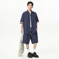 批发跨境新款仿牛仔格纹拼接短袖衬衫男夏季薄款潮流宽松休闲运动套装