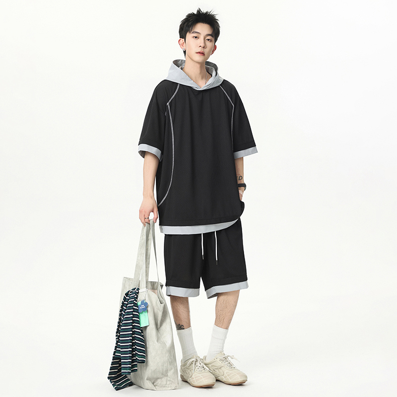 아메리칸 속도 건조한 핫셀블라드 선 배색 라운드 넥 반팔 남자 여름 새로운 통기성 운동 티셔츠 루즈핏 캐주얼 반소매
