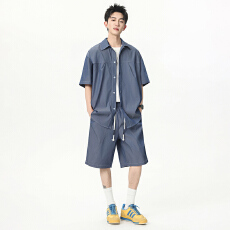 冰感仿牛仔短袖衬衫短裤套装男士夏季薄款休闲高级感宽松两件套潮