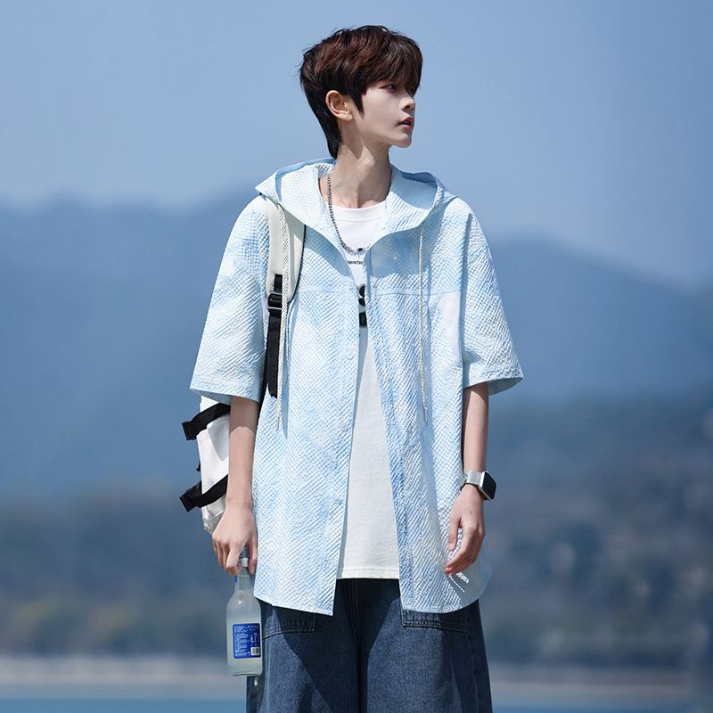 질감 센스 그라데이션 반팔 셔츠 남자 여름 새로운 얼음 센스 후드 셔츠 소년 캐주얼 다용도 얇은 스타일 재킷