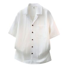 批发夏季亚麻老钱风纯色宽松短袖<b class='q'>衬衫</b>古巴领简约休闲天丝麻<b class='q'>男装</b><b class='q'>衬衣</b>