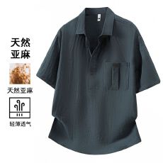 批发夏季天然亚麻短袖纯色POLO衫上衣口袋老钱风百搭休闲宽松薄款T恤