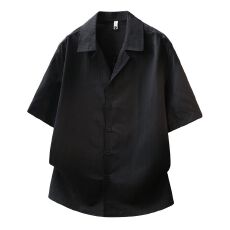 夏季纯色老钱风条纹肌理感宽松短袖衬衫简约休闲古巴领男装衬衣