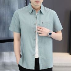 批发舒适透气薄款男士亚麻短袖衬衫纯色<b class='q'>男装</b>口袋衬衣凉感简约<b class='q'>休闲</b>上衣