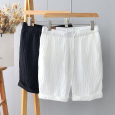 批发新款男士高品质纯棉日系清新直筒休闲短<b class='q'>裤</b>男松紧腰抽绳宽松五分<b class='q'>裤</b>