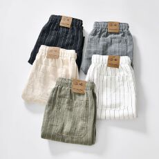 批发<b class='q'>男士</b>新款高品质夏季透气棉麻宽松沙滩五分短裤休闲条纹直筒休闲裤