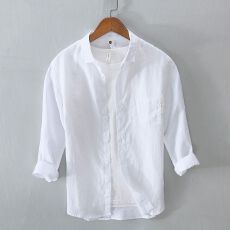 批发纯亚麻新款春<b class='q'>夏</b>秋季口袋衬衣男士休闲七分袖纯色衬衫简约棉麻上衣