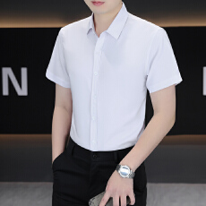 批发<b class='q'>商务</b><b class='q'>休闲</b>男士衬衫短袖韩版修身上班工作服纯色职业装白色翻领上衣