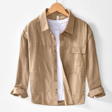 批发纯棉新款男士高品<b class='q'>日系</b>简约休闲纯色口袋衬衣<b class='q'>复古</b>百搭长袖宽松外套