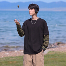 批发春秋新款男女假两件迷彩卫衣落肩宽松加厚圆领长袖T恤青少年上衣