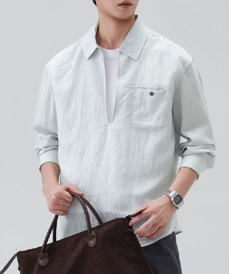 아마 주간 실크 페이크 레이어드 패치워크 긴팔 POLO 셔츠 남성 새로운 미니멀리즘 캐주얼 단색 주머니 루즈핏 맨위