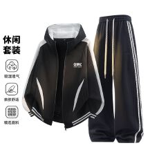批发跨境秋冬新款开衫撞色连帽卫衣套装男<b class='q'>休闲</b>运动黑色条纹卫裤两件套