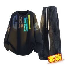 跨境秋冬新款加肥加大码休闲套装男潮牌宽松圆领卫衣休闲裤两件套