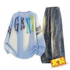 跨境秋冬新款加肥加大码休闲套装男潮牌宽松圆领卫衣休闲裤两件套