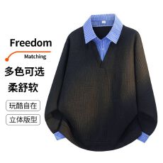批发跨境2026秋季新款假两件衬衫领卫衣男潮牌美式宽松重磅休闲上衣服