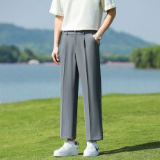 批发夏季新款休闲冰感丝光纹理小直筒<b class='q'>西裤</b>宽松韩版潮流百搭<b class='q'>男</b>九分长裤