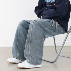 批发跨境<b class='q'>大码</b>美式水洗分割廓形牛仔裤潮牌宽松<b class='q'>大码</b>直筒裤男士<b class='q'>情侣</b><b class='q'>长裤</b>