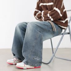 批发跨境潮牌<b class='q'>大码</b>美式水洗解构分割直筒牛仔裤男士时尚宽松<b class='q'>大码</b>阔腿裤