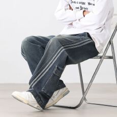 批发跨境潮牌时尚男<b class='q'>大码</b>秋冬美式水洗侧边条纹弯刀牛仔裤痞帅宽松阔腿