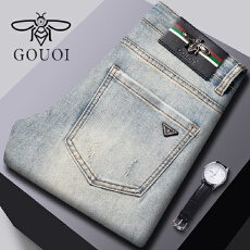 批发GOUOI小蜜蜂秋季男士牛仔裤韩版高端<b class='q'>印花</b>弹力修身小脚男装长裤子