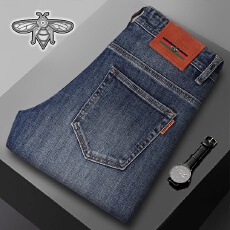 批发GOUOI小蜜蜂秋冬款男牛仔裤<b class='q'>高端</b>绣花弹力修身小直筒高档剌绣长裤