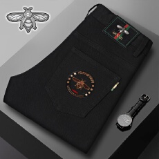 批发GOUOI小蜜蜂秋冬款男牛仔裤<b class='q'>高端</b>绣花弹力修身小直筒高档剌绣长裤