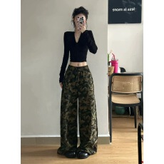 批发美式迷彩休闲裤女夏季宽松阔腿裤垂感直筒拖地长裤<b class='q'>爵士舞</b>裤