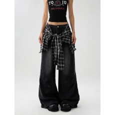 批发美式高街复古阔腿屁帘牛仔裤女夏宽松直筒垂感<b class='q'>爵士舞</b>夏季薄款裤子