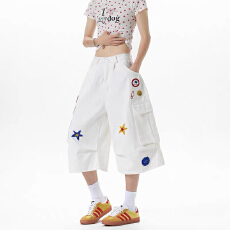 批发星星毛巾绣工装<b class='q'>短裤</b>女<b class='q'>男</b>夏季多口袋褶皱阔腿七分裤复古嘻哈休闲裤