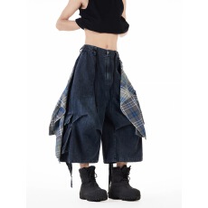 批发美式可拆卸格纹屁帘裤子男女夏季飘带工装七分裤宽松阔腿<b class='q'>牛仔</b><b class='q'>短裤</b>