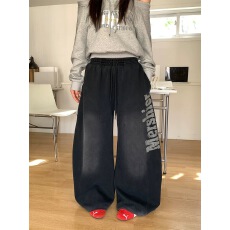 批发2025春秋美式水洗弯刀牛仔阔腿卫裤男女垂感宽松休闲拖地长裤