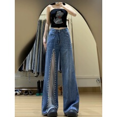批发设计感<b class='q'>镶钻</b>蕾丝拼接<b class='q'>牛仔裤</b>女2025早秋新款宽松显瘦阔腿裤拖地裤子