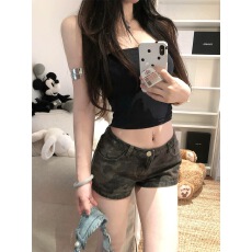 批发美式复古辣妹迷彩牛仔超<b class='q'>短裤</b>女夏季小个子修身显瘦弹力包臀<b class='q'>热裤</b>子