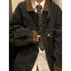 批发学院风黑色牛仔外套女春秋2025新款拼接翻领宽松炸街夹克休闲上衣