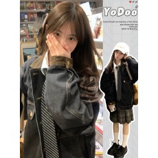 批发复古灯芯绒拼接做旧水洗牛仔外套女春秋宽松学生oversize夹克上衣