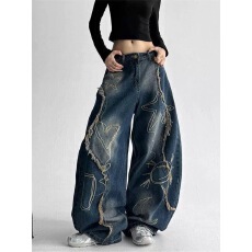 批发美式水洗刺绣弯刀<b class='q'>牛仔裤</b>子2025秋季新款街头hiphop痞帅<b class='q'>女生</b>阔腿裤