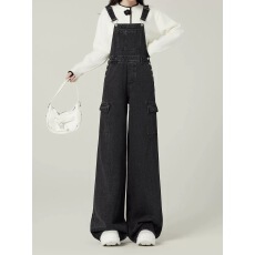 批发美式多口袋设计阔腿工装背带牛仔裤<b class='q'>女</b>2025秋季新款高腰直筒拖地裤